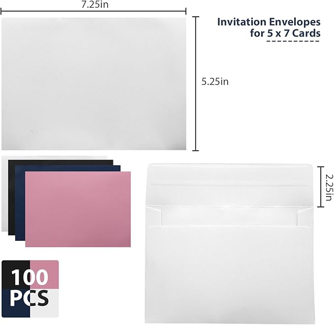 100 Pack White A7 & 5x7 Envelopes - Self-Sealing, Perfect for Invitations, Photos, Cards & Mailings - Wedding Ready