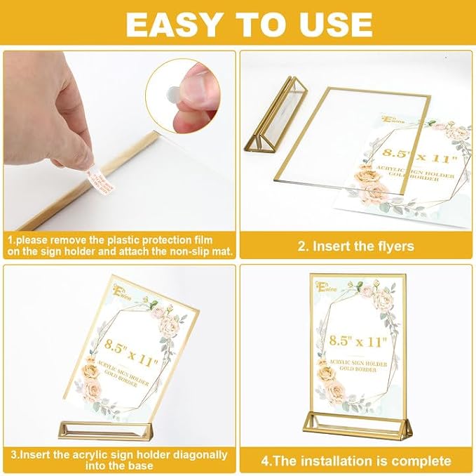 EHWINE 8 Pack Acrylic Sign Holder 8.5 x 11, Double Sided Gold Picture Frame - Image 5