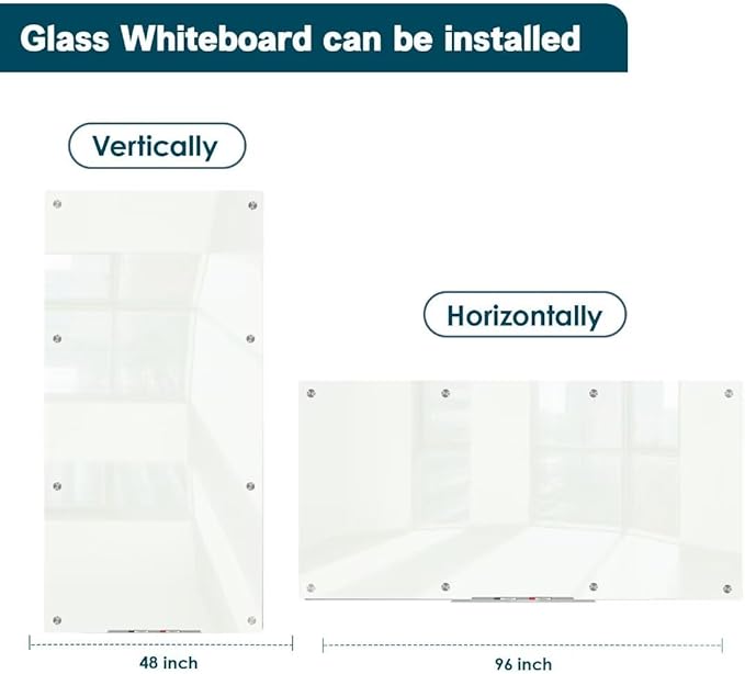 J&J worldwide Glass Dry Erase Board 8' x 4', Glass Whiteboard Magnetic, Large Frameless Glass White Boards for Walls, Includes Magnets, Marker Tray, Eraser for Office, Home, School-DeskLoop Office