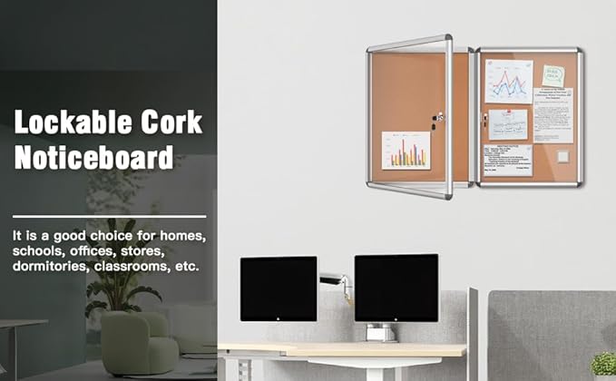 2 Pack 26"x20" Enclosed Bulletin Board, Lockable Weather-Resistant Aluminum Cork Noticeboard for School & Office, Silver Frame w/Cork-DeskLoop Office