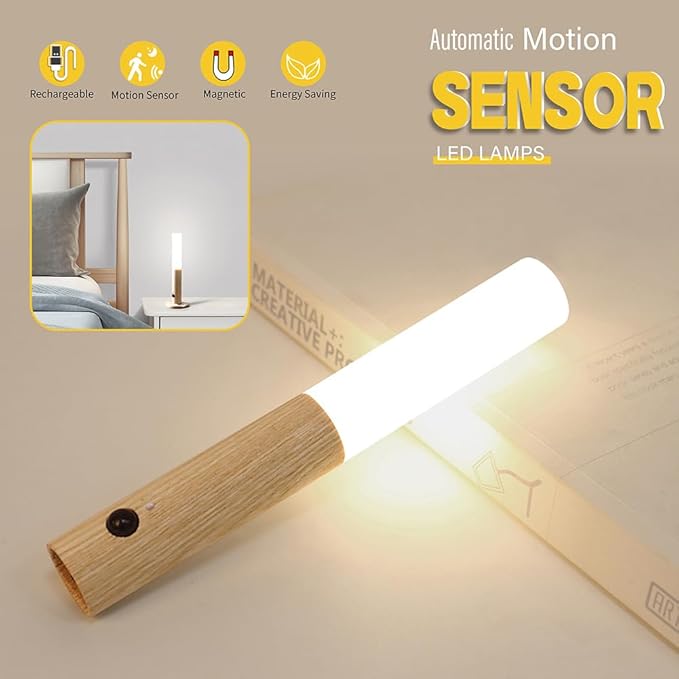 LANDGOO Wooden Motion Sensor Night Lights, Magnet Body Hallway Lamp, Rechargeable LED Wall Sconces, Portable for Stairway Bedroom, Battery Powered (White Ash Wood 2PC)-DeskLoop Office