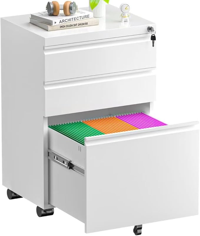 Superday White 3 Drawer Mobile Locking File Cabinet, Metal Rolling Vertical Filing Cabinet with Drawers, Small Under Desk File Cabinets for Office and Home, Fully Assemble-DeskLoop Office