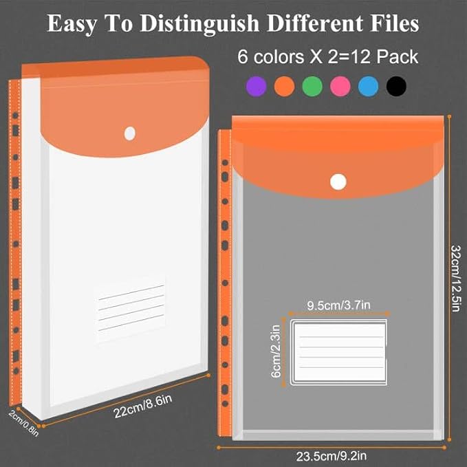 12 Pack Plastic Envelopes Binder Pocket 11 Holes Expandable Binder Folders - Image 2