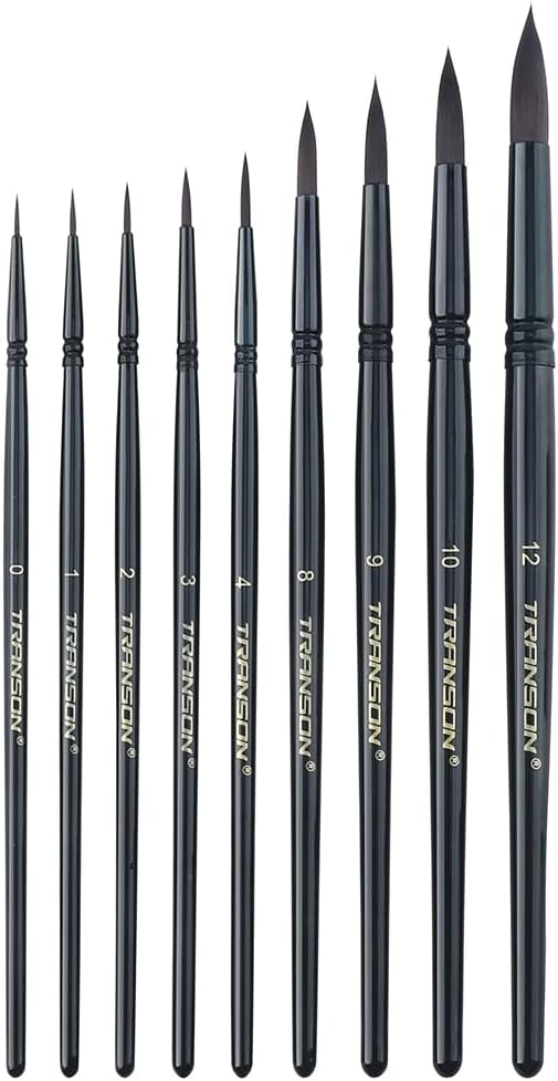Transon Round Paint Brush Set 9pcs Synthetic Sable Hair for Acrylic Painting Watercolor Painting Gouache Ink Craft and Detail Painting Black Color-DeskLoop Office