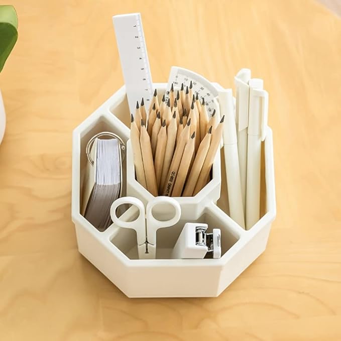 Desk Organizer, 360-Degree Rotating Multi-Functional Pen Holder, 5 Compartments Desktop Stationary Organizer, Home Office Art Supply Storage Box Caddy (White)-DeskLoop Office