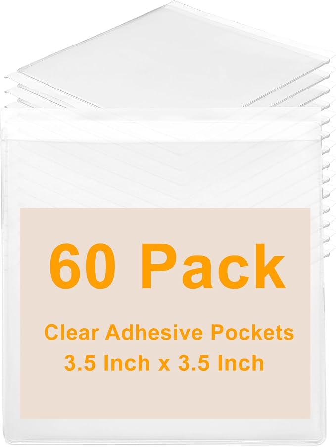 60 PCS Clear Adhesive Pockets, 3.5" x 3.5" Plastic Index Card Holder Square by Kyuionty