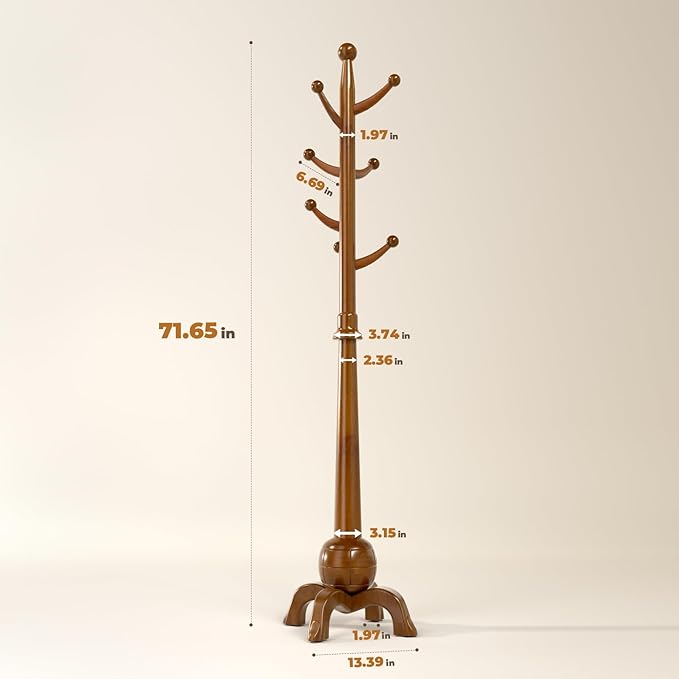 Wood Coat Rack Freestanding, Solid Wooden Hall Tree with 8 Hooks, Coat Tree Freestanding Heavy Duty with Stable Base, Entryway Hallway Bedroom Office Use, 240lbs Load Capacity H:71.6in (Natural)-DeskLoop Office