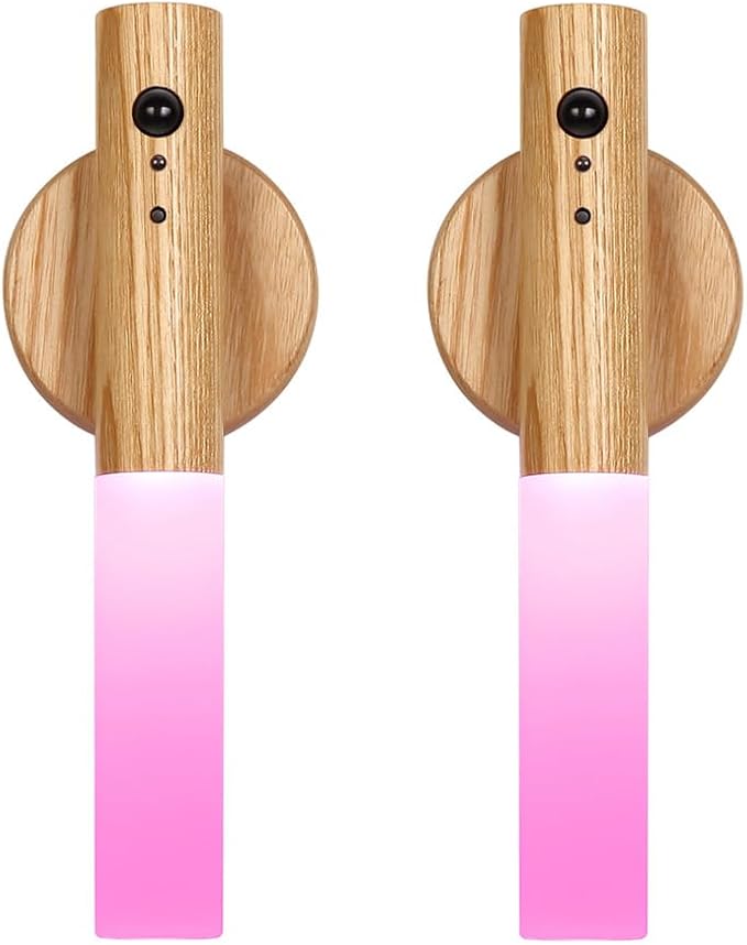 LANDGOO RGB Motion Sensor Night Light, Color Changing Atmosphere Lamp, Battery Powered Rechargeable LED Wood Wall Sconce for Home Party Lighting (RGB Ash Wood 2PCS)-DeskLoop Office