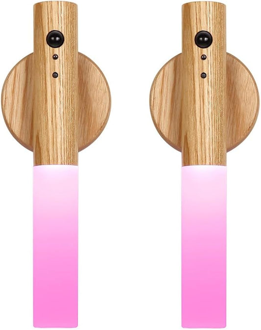 LANDGOO RGB Motion Sensor Night Light, Color Changing Atmosphere Lamp, Battery Powered Rechargeable LED Wood Wall Sconce for Home Party Lighting (RGB Ash Wood 2PCS)-DeskLoop Office