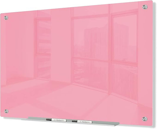 J&J worldwide Magnetic Glass Whiteboard, Wall Mounted Glass Dry Erase Board 47 x 35 Inch, Pink Surface, Frameless with Markers, Magnets, Marker Tray, Eraser for Office, Home, School-DeskLoop Office