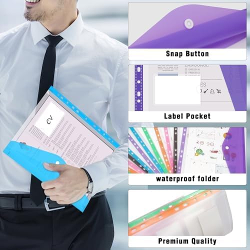 Clear Plastic Document Envelopes, 12 Pack, 6 Colors, Button Closure, - Image 6