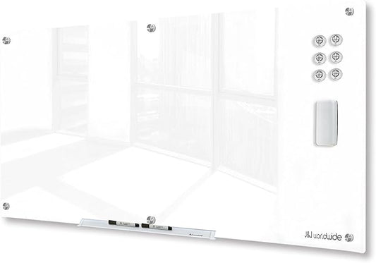 J&J worldwide Glass Whiteboard, Magnetic Brilliance White Glass Dry Erase Board 6' x 4', Includes Markers, Marker Tray, Eraser for Wall, Office, Home, School-DeskLoop Office
