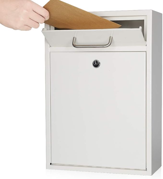 KYODOLED Steel Key Lock Mail Boxes Outdoor, Locking Wall Mount Mailbox, Security Key Drop Box, Collection Boxes,16.2H x 11.22L x 4.72W Inches, White X Large-DeskLoop Office
