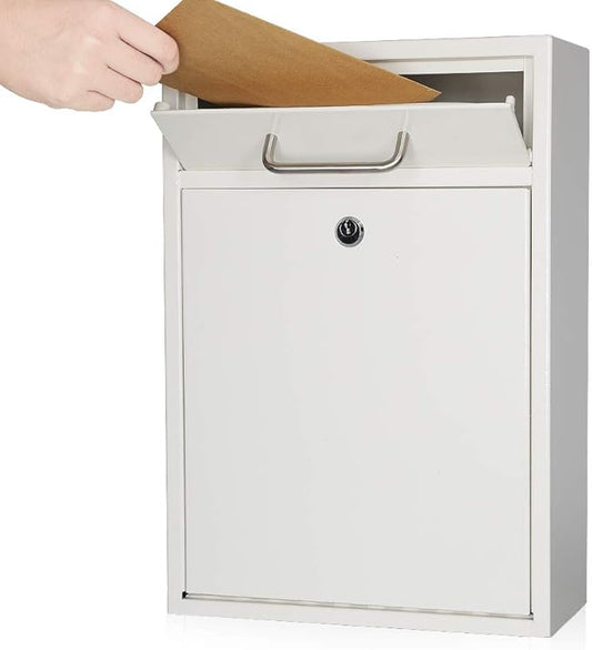 KYODOLED Steel Key Lock Mail Boxes Outdoor, Locking Wall Mount Mailbox, Security Key Drop Box, Collection Boxes,16.2H x 11.22L x 4.72W Inches, White X Large-DeskLoop Office