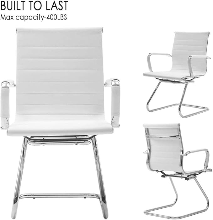 White Office Desk Chair No Wheels Set of 4 PU Leather Computer Chairs Mid Back Guest Chairs for School Reception Conference Waiting Room, White-DeskLoop Office