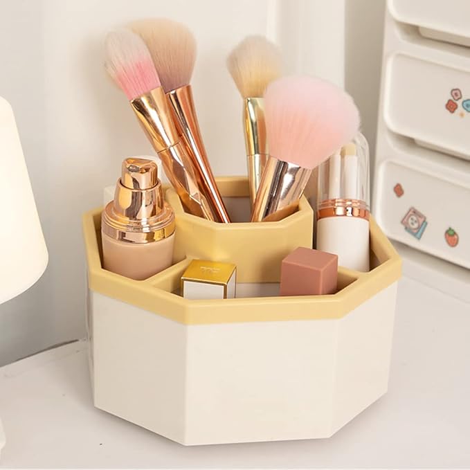 Desk Organizer, 360-Degree Rotating Multi-Functional Pen Holder, 5 Compartments Desktop Stationary Organizer, Home Office Art Supply Storage Box Caddy (White+Yellow)-DeskLoop Office