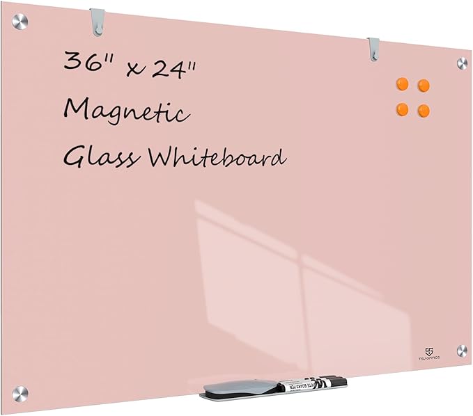 TSJ OFFICE Glass Dry-Erase Board - 36 x 24 Inches Wall Mounted Magnetic Whiteboard, Large Frameless Glass White Board for Office, Home & School, Pink-DeskLoop Office