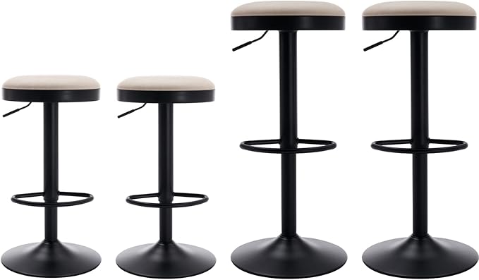 Round Swivel Counter Height Bar Stools Set of 4 Modern Adjustable Barstools Backless PU Leather Bar Chairs Industrial Island Chairs with Metal Base/Footrest for Kitchen Island/Pub/Bar, Beige-DeskLoop Office