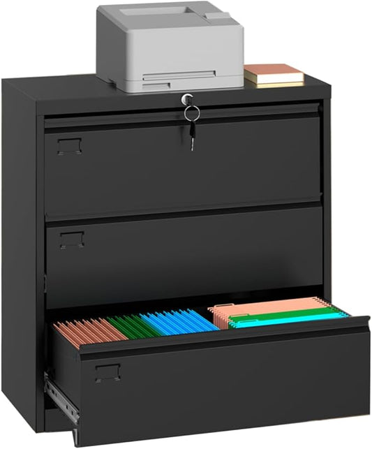 40inch Steel 3 Drawer Lateral Filing Cabinet - Lockable Metal Filing Storage, Home Office Organization, Fits Hanging Letter/Legal/F4/A4, Durable 0.6MM Coated Steel (Black)-DeskLoop Office