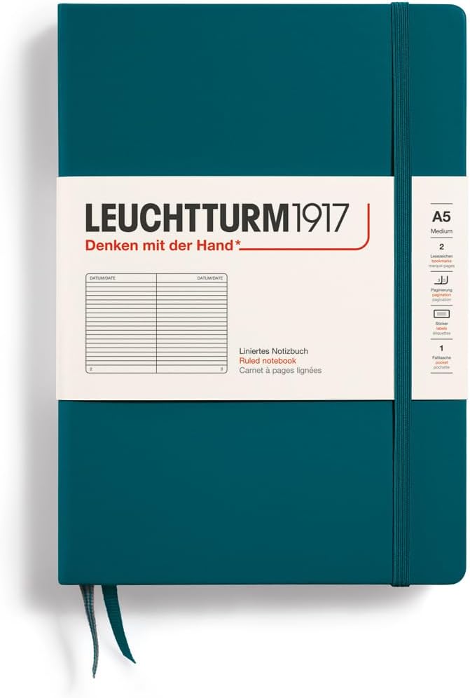 LEUCHTTURM1917 - Notebook Hardcover Medium A5-251 Numbered Pages for Writing and Journaling (Pacific Green, Ruled)-DeskLoop Office