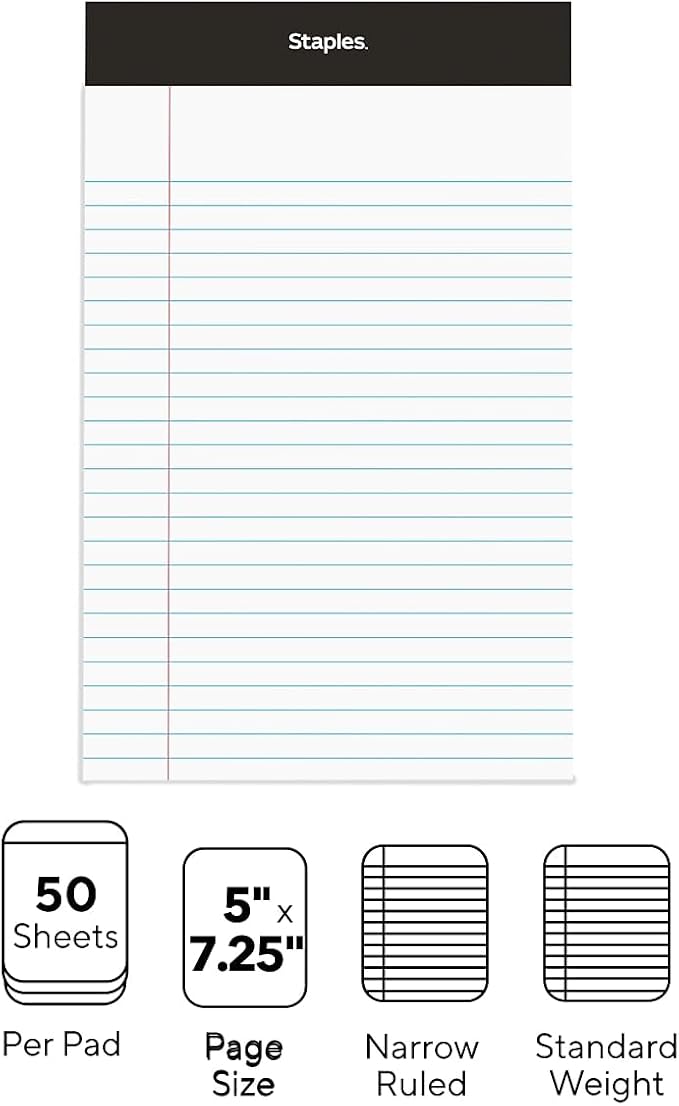 STAPLES Notepads, 5” x 8”, Narrow Ruled, 50 Sheets/Pad - Image 3