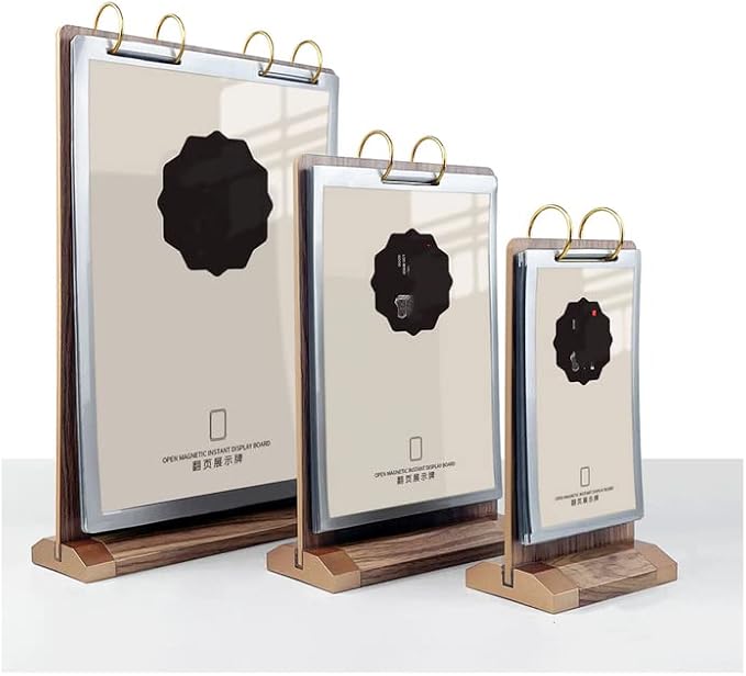 A4 Walnut Wood Sign Holder Vertical Table Card Flip Display 6 Pages, Double - Image 4
