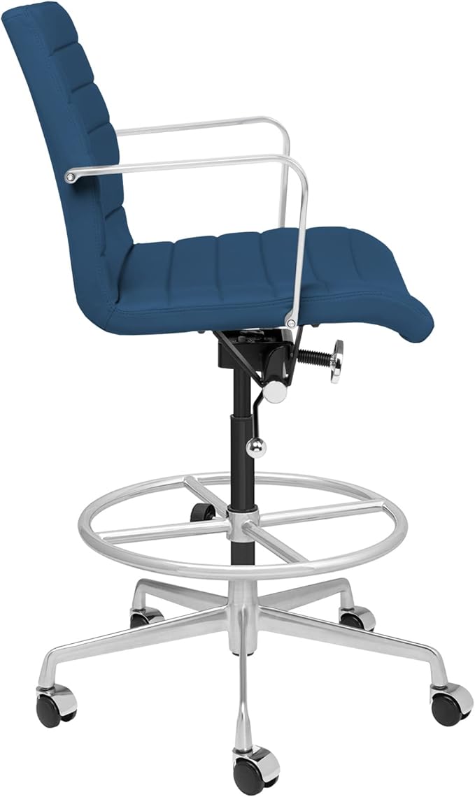 Laura Davidson Furniture SOHO II Ribbed Drafting Chair for Standing Desks, Standing Desk Chair - Ergonomically Designed, Commercial Grade Draft Height, Arm Rest & Cushion, Made of Faux Leather, Blue-DeskLoop Office