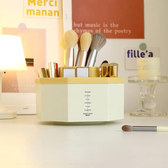 Desk Organizer, 360-Degree Rotating Multi-Functional Pen Holder, 5 Compartments Desktop Stationary Organizer, Home Office Art Supply Storage Box Caddy (White+Yellow)-DeskLoop Office