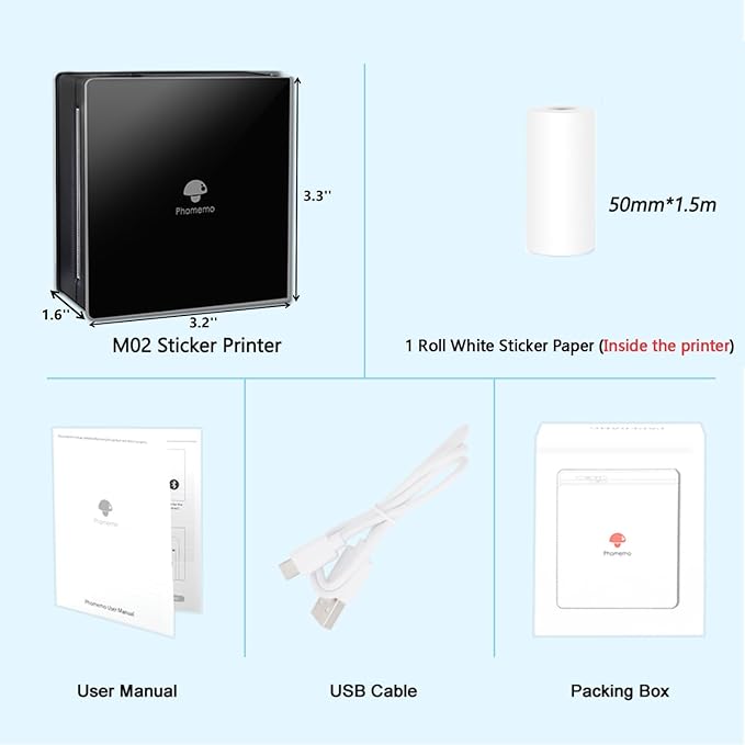 Phomemo Mini Sticker Printer- Mini Printer Sticker Maker Machine M02, Print Pods Suitable for Creative DIY, Diaries, Photos, Study Notes, Portable Thermal Inkless Label Maker for Home/Travel, Black-DeskLoop Office