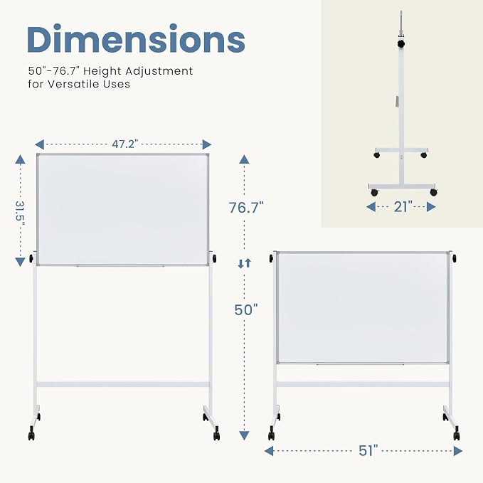DUMOS Rolling Whiteboard Double Sided 46 x 32 Inches, Magnetic White Board Dry - Image 2