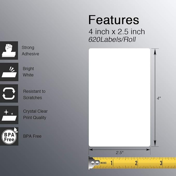 BETCKEY - 4" x 2.5" (102 mm x 64 mm) Shipping & Multipurpose Labels Compatible with Zebra & Rollo Label Printer,Premium Adhesive & Perforated [10 Rolls, 6200 Labels]-DeskLoop Office