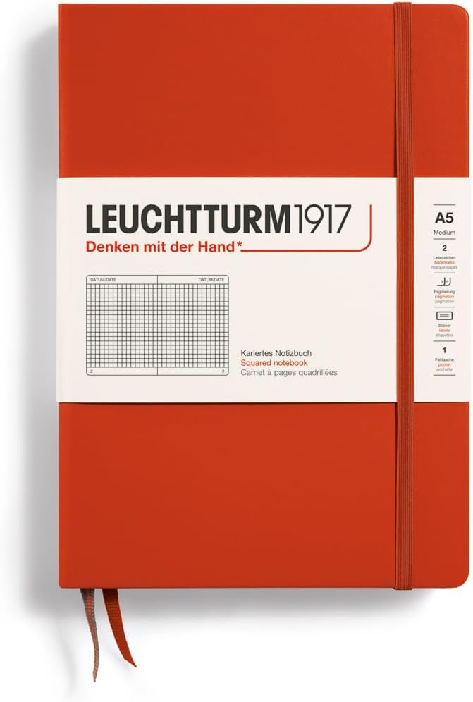 LEUCHTTURM1917 - Notebook Hardcover Medium A5-251 Numbered Pages for Writing and Journaling (Fox Red, Squared)-DeskLoop Office