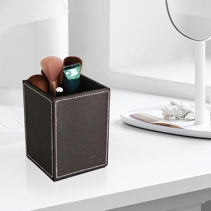Pen Pencil Holder Cup Container PU Leather Desk Organizer Stand Decor Brush - Image 2