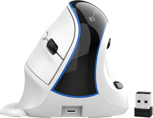 J-Tech Digital Wireless Mouse, Vertical Ergonomic Mouse with Bluetooth Dual Modes + USB Dongle + Rechargeable w/ 2.4GHz Wireless + Adjustable DPI 3200 for Laptop, Desktop, PC, Mac [V638W], White-DeskLoop Office