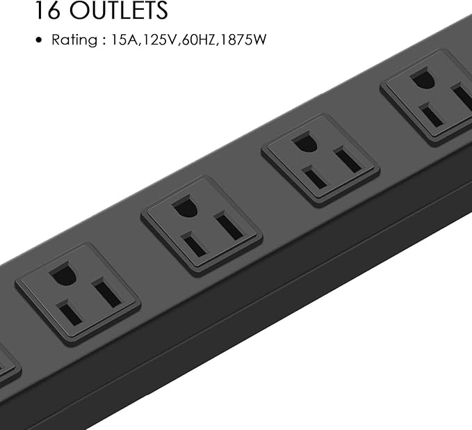 HHSOET Metal Wall Mount Power Strip, 16 Outlets, 3 FT SJT 3/C 14AWG Power Cord, 15A 125V 1875W, Black-DeskLoop Office