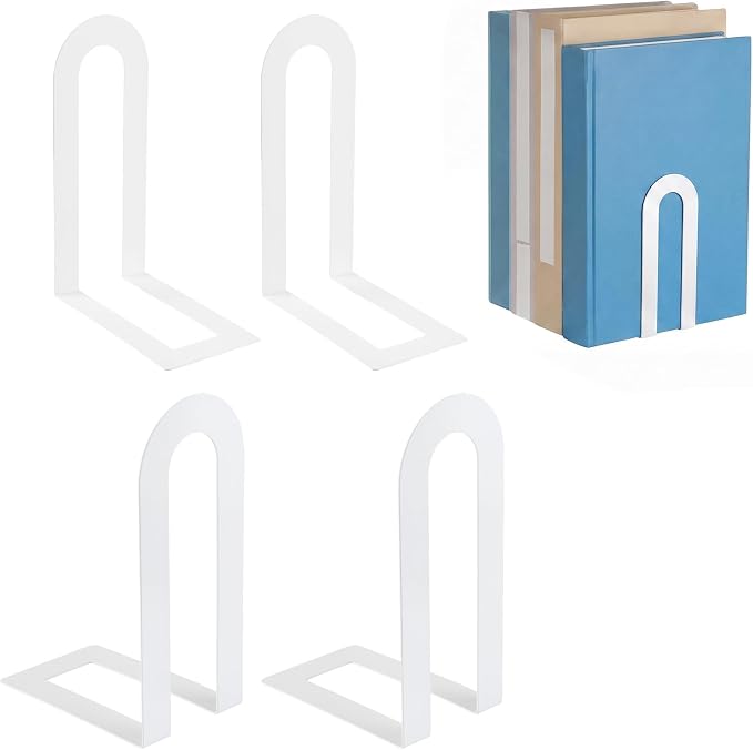Chunful 4 Pcs White Book Ends for Shelves Modern Metal Bookends Decorative by Chunful