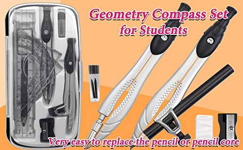 Professional Geometry Compass Set, Starter Compass Set Includes 2 Drafting Compasses, Protractor, 2 Set Squares, Ruler in Storage Box, Back-to-School Math Supplies for Students, Black-DeskLoop Office