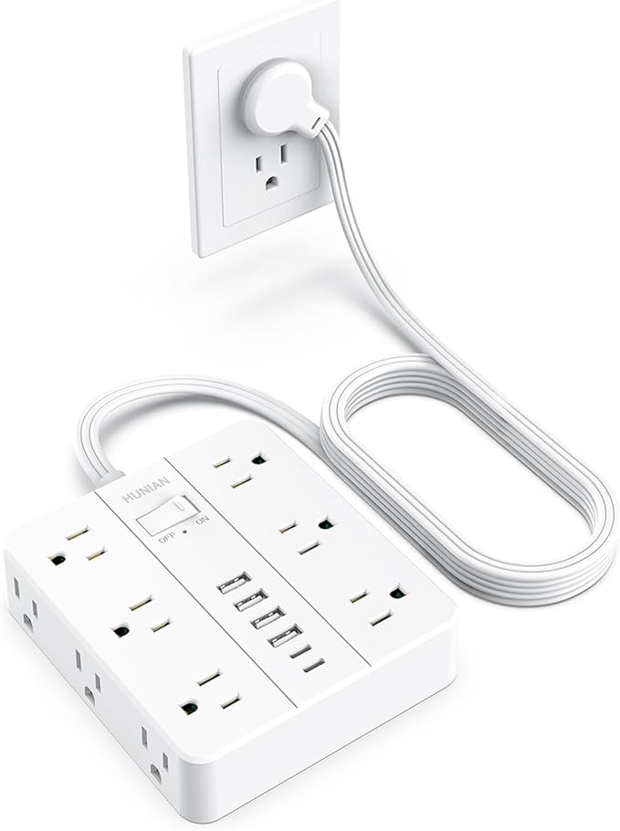 Flat Plug Surge Protector Power Strip, HUNIAN 12 Widely Spaced Outlets with 6 USB Charger (2 USB C Ports), 10 Ft Extension Cord Desk Charging Station for Home Office Supplies, Dorm Room, White-DeskLoop Office