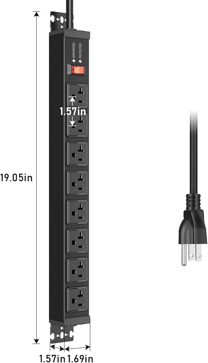 JUNNUJ 20 Amp Power Strip Surge Protector 4800J, Heavy Duty 8 Outlet Metal Multi Angle Mount, 20A Garage Power Strip Shop 6-20R T-Slot, 5-15P Plug 12 Gauge Extension Cord 15ft for Appliance-DeskLoop Office