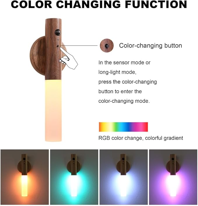 LANDGOO Motion Sensor Night Light RGB & Touch Control | USB-C Rechargeable Wooden Wall Sconce | Bathroom/Bedroom Light for Hallway, Stairs, Closet, Kids Room, Vanity, (Walnut Wood)-DeskLoop Office