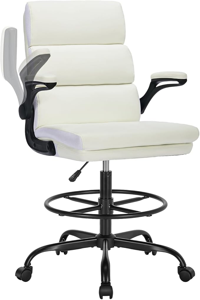 Drafting Chair Tall Office Chair with Padded Flip-up Armrests Executive Ergonomic Computer Standing Desk Chair with Comfortable Leather Backrest and Adjustable Footrest Ring (White)-DeskLoop Office