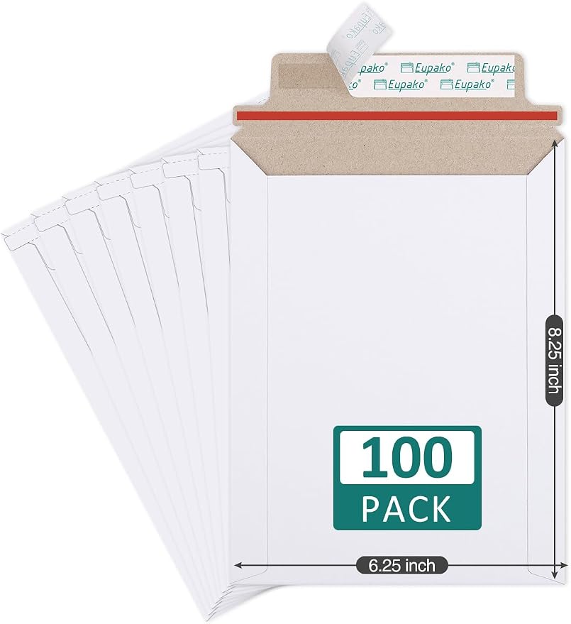 Eupako 100 Pack 6x8 Photo Document Mailer White Stay Flat Self-Seal Cardboard by Eupako