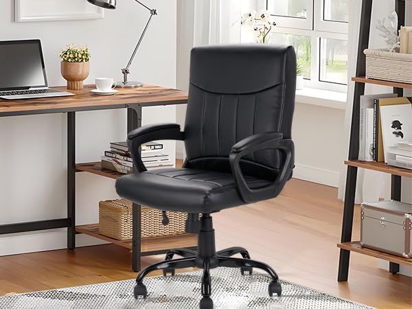 CLATINA Mid Back Leather Office Executive Chair with Lumbar Support and Padded Armrestes Swivel Adjustable Ergonomic Design for Home Computer Desk-DeskLoop Office