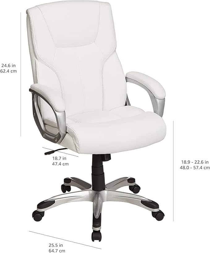 Amazon Basics Executive Home Office Desk Chair with Padded Armrests, Adjustable Height and Tilt, Rolling Swivel Chair, 275 Pound Capacity, White and Pewter-DeskLoop Office