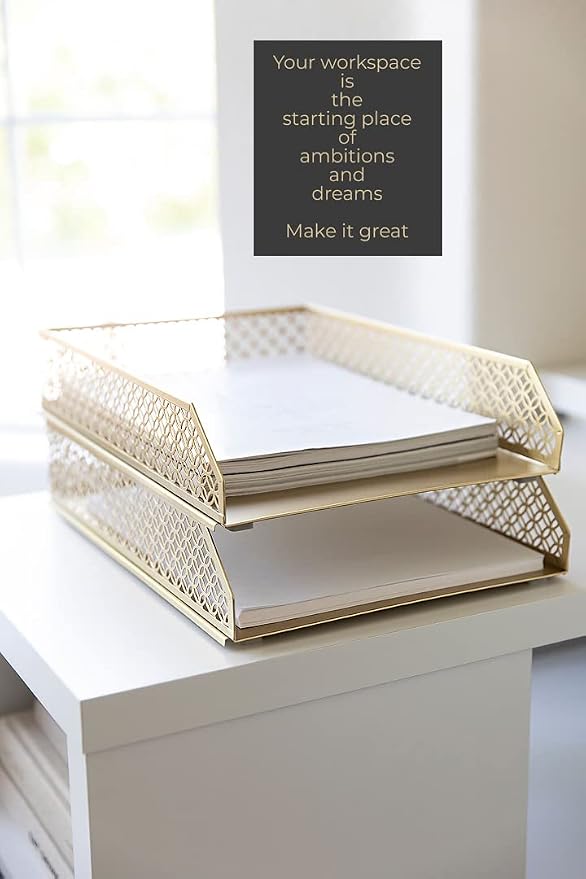 BLU MONACO | Paper Tray Stackable Gold Set of 2 | Stackable File Trays - Image 2