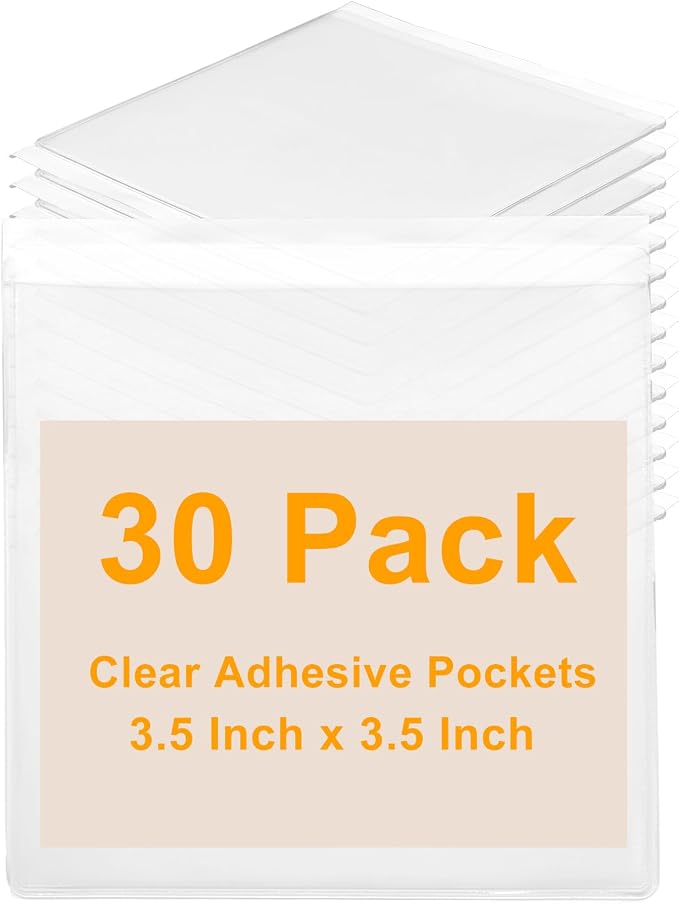 30 PCS Clear Adhesive Pockets, 3.5" x 3.5" Plastic Index Card Holder Square by Kyuionty