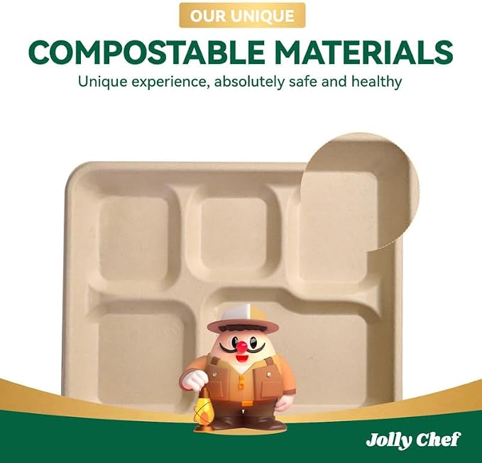 JOLLY CHEF Small Compostable 5 Compartment Paper Plates 10 * 8.25 * 1 inch 125 - Image 7