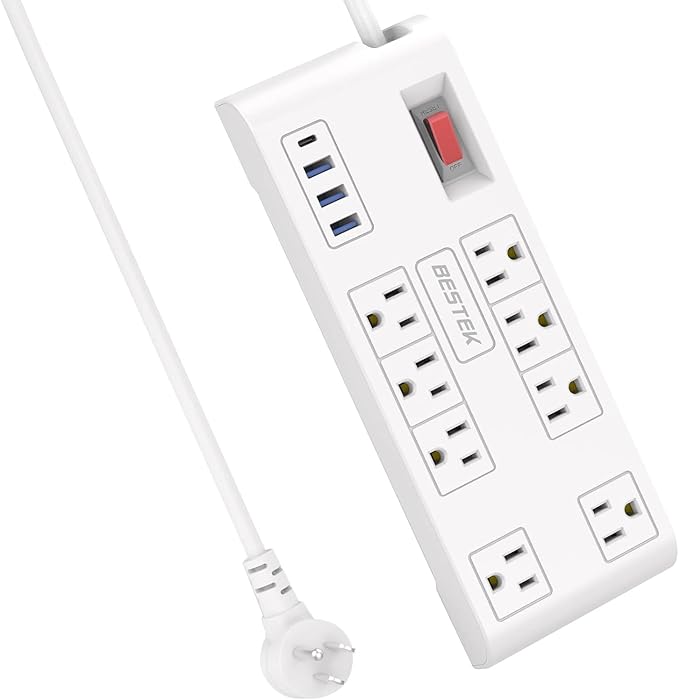BESTEK 8 AC Outlet, 5 Feet Extension Cord Power Strip with 3 USB-A 2.4A 1USB-C 3A, MAX Output 1625W 13A, 600Joule, Ultra-Compact Wide Spaced Outlet for Large Plug-DeskLoop Office