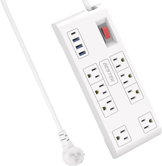 BESTEK 8 AC Outlet, 5 Feet Extension Cord Power Strip with 3 USB-A 2.4A 1USB-C 3A, MAX Output 1625W 13A, 600Joule, Ultra-Compact Wide Spaced Outlet for Large Plug-DeskLoop Office