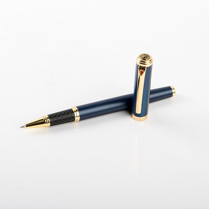 Luxury Blue Rollerball Pen-Fancy Pen with Real 24K Gold Trim, Switzerland Tip Point Writing Smooth, Nice Roller Ball Pen Gift Set for Men Women, Professional Pen Business Birthday Christmas